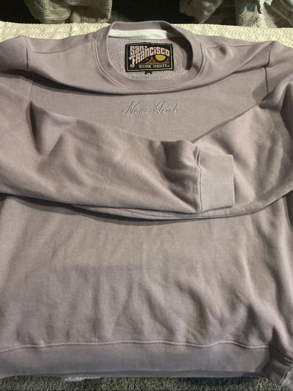 San Francisco Work Shirts New York Embroidered Crewneck Sweatshirt M Lavender